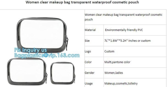 el bolso claro con la cremallera, bolso cosmético transparente de la manija, k del pvc de la manija de la cuerda del logotipo del cusotm compone el bolso del viaje, organiza