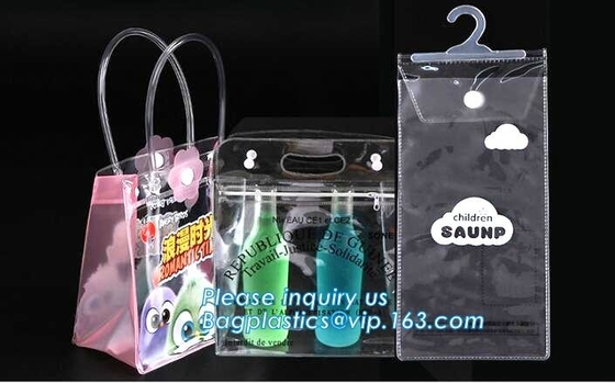 Bolsos de plástico transparente resistentes de la cremallera del Pvc del vinilo con las manijas, bolso de hielo claro respetuoso del medio ambiente del regalo del vino del bolso de hielo del vino del PVC/pvc