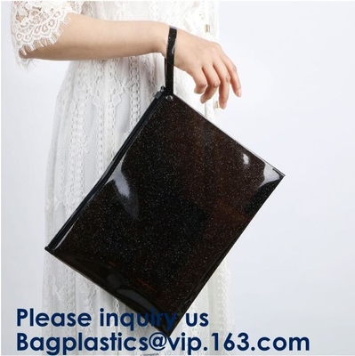 Bolso transparente con el escudete lateral azul, bolso de empaquetado Bagease Bagplast de la cremallera del resbalador del Pvc del escudete del resbalador cosmético inferior del Pvc
