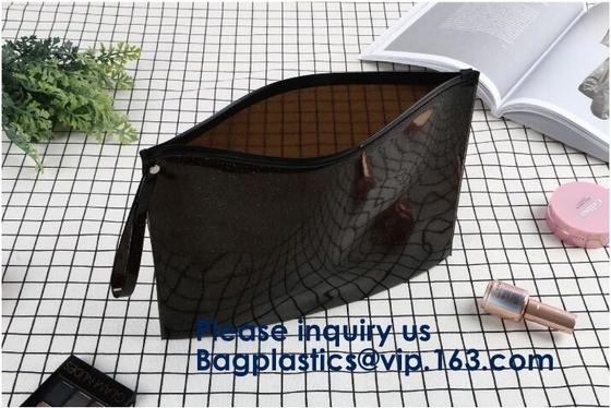 Bolso transparente con el escudete lateral azul, bolso de empaquetado Bagease Bagplast de la cremallera del resbalador del Pvc del escudete del resbalador cosmético inferior del Pvc