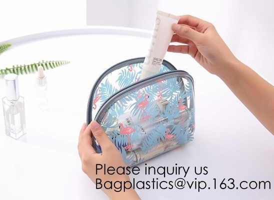 Bolsa cosmética reciclada de impresión de encargo de la cremallera suave del Pvc, bolsa cosmética del PVC del diseño transparente del cliente, bagease, bagplas