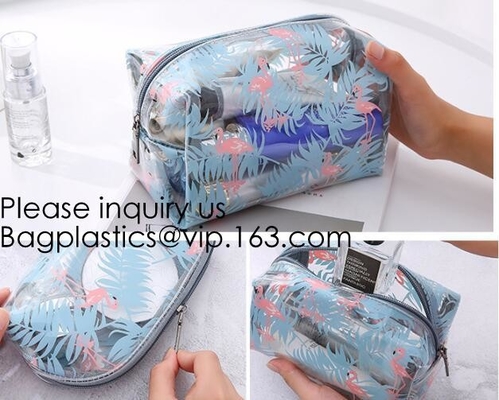 Bolsa cosmética reciclada de impresión de encargo de la cremallera suave del Pvc, bolsa cosmética del PVC del diseño transparente del cliente, bagease, bagplas