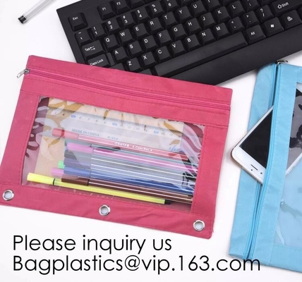 Los productos de los efectos de escritorio dibujan a lápiz la caja de lápiz portátil del Pvc de la bolsa para los estudiantes, 3 Ring Binder Zippered Pencil Pouches con claro