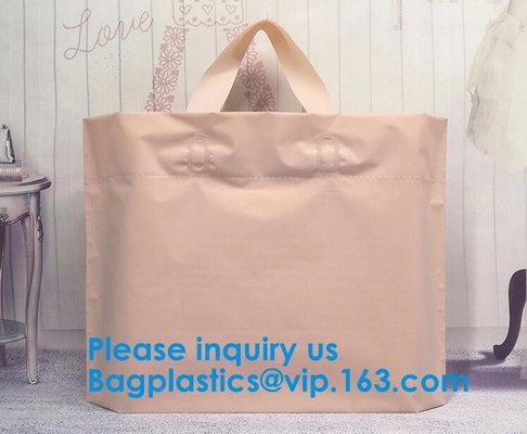 Bolso para llevar del tamaño de Flexi del lazo de la manija del oro del plástico de compras del restaurante suave de encargo del bolso con la impresión del plástico inferior del cuadrado