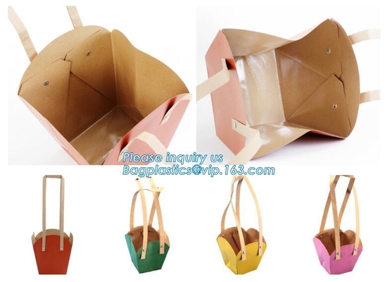 bolso marrón barato de la manija del bolso de la flor de papel de la bolsa de la flor, bageas portátiles de la bolsa de papel que embala del regalo del portador de la flor del ramo