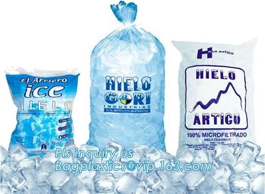 El bolso de hielo modificado para requisitos particulares ABONABLE con el lazo, bolso de hielo plástico del wicket del uso industrial de la comida, bolso de hielo en el rollo, hielo empaqueta los wi