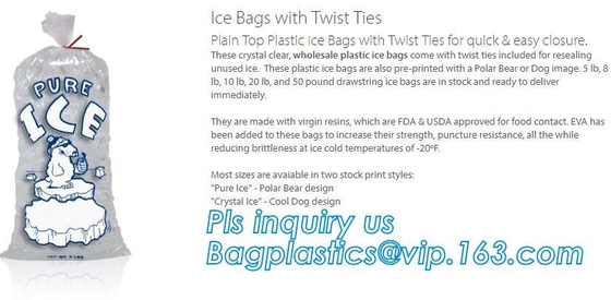Bolsos de hielo BIODEGRADABLES, comerciales, bolsos de hielo polivinílicos, bolsos de Metallocene, bolsos de hielo plásticos del lazo de torsión, hielo al por menor modificado para requisitos particulares