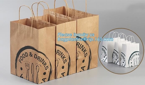 las compras de empaquetado del papel de Kraft del marrón del grcoery de los alimentos de preparación rápida llevan bolsos con las manijas, se llevan la bolsa de papel de Kraft de los alimentos de preparación rápida, bage