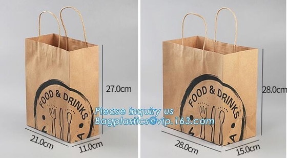 las compras de empaquetado del papel de Kraft del marrón del grcoery de los alimentos de preparación rápida llevan bolsos con las manijas, se llevan la bolsa de papel de Kraft de los alimentos de preparación rápida, bage