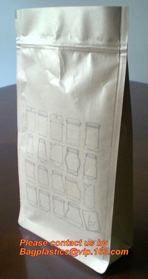 bolso inferior de la cremallera de Kraft del cuadrado reciclable que se puede volver a sellar de encargo del papel, bolso de café de papel de Kraft del sello de pie de la cremallera con el lado