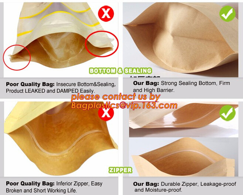 bolso inferior de la cremallera de Kraft del cuadrado reciclable que se puede volver a sellar de encargo del papel, bolso de café de papel de Kraft del sello de pie de la cremallera con el lado