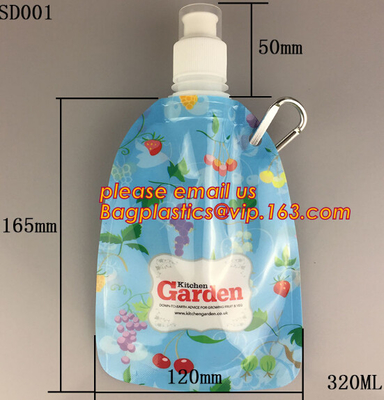 bolso de agua plegable portátil de la botella de agua/del plegamiento, botella de agua plegable portátil/bolso del canalón libre del soporte de BPA para arriba con Carab