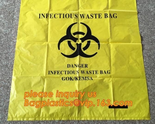 bolso auto-adhesivo de impresión amarillo de la basura del biohazard, garbag médico infeccioso amarillo del Biohazard de la bolsa de plástico de la eliminación de residuos