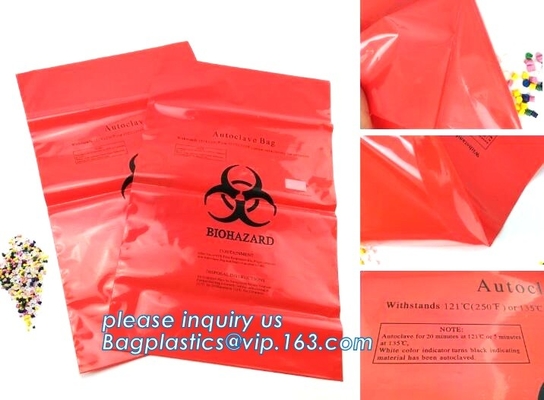 Trazador de líneas de cubo de basura inútil infeccioso del biohazard plástico, bolsos del Biohazard de la autoclave, bioha de alta densidad del bolso de basura del lazo del PE