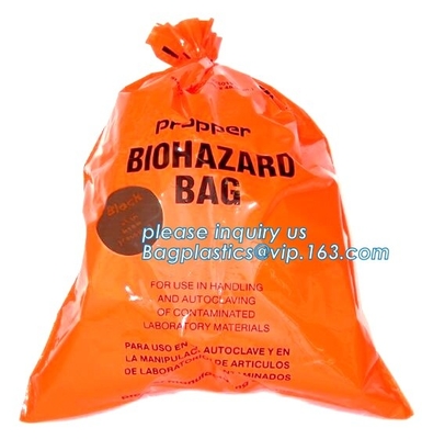 Trazador de líneas de cubo de basura inútil infeccioso del biohazard plástico, bolsos del Biohazard de la autoclave, bioha de alta densidad del bolso de basura del lazo del PE