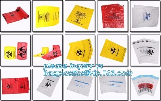 Amarillo con el bolso de basura plástico del lazo del logotipo negro del biohazard, bolso de basura útil de alta calidad con el lazo, BAGEASE