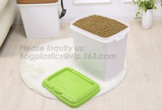 Contenedor de almacenamiento de alimento para animales libre de BPA con las ruedas, contenedor de almacenamiento de alimento para animales plástico de la promoción con el envase del cuenco, invitación