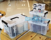 caja de almacenamiento multiusos transparente respetuosa del medio ambiente del envase de plástico para el hogar, caja clara con una tapa blanca y cierre negro
