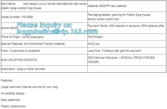 La jaula al aire libre del jardín utilizó la perrera plástica de la casa del animal doméstico para el perro grande, perro al aire libre plástico de la casa de perro de la prenda impermeable que las perreras para hacen