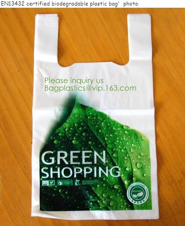 Bolso abonable certificado material respetuoso del medio ambiente del PLA del 100%, reunión EN13432 BPI del bolso de la camiseta del almidón de maíz biodegradable y comp