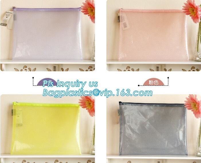 la malla de encargo del pvc de la marca zippered el bolso, bolso del fichero de documento de la cremallera con el logotipo impreso, sobre del bolso A4/A5/A3 de la bolsa de la cremallera de la malla