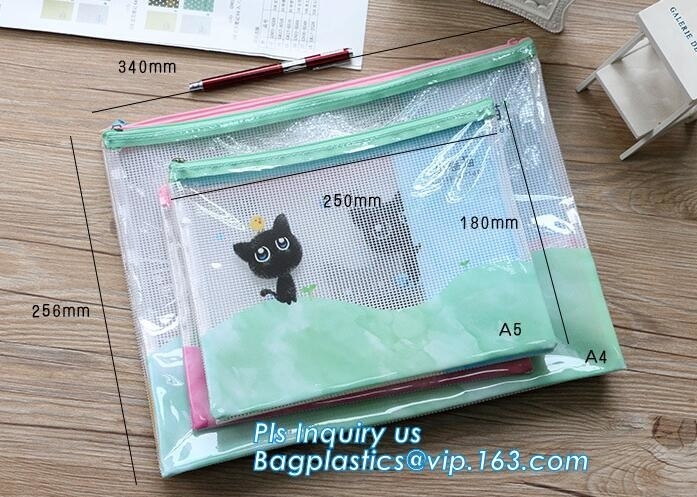 bolso plástico del documento de los bolsillos de la carpeta de archivos de los pp, bolso del documento del bolsillo con cremallera de la carpeta de la malla A4, bolso del documento con almacenamiento de la cremallera