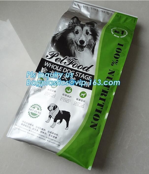 Bolso de empaquetado del alimento para animales animal plástico grande de la cremallera del resbalador con la impresión, resbalador lateral del escudete bolso del alimento para animales de 15 kilogramos con el resbalador