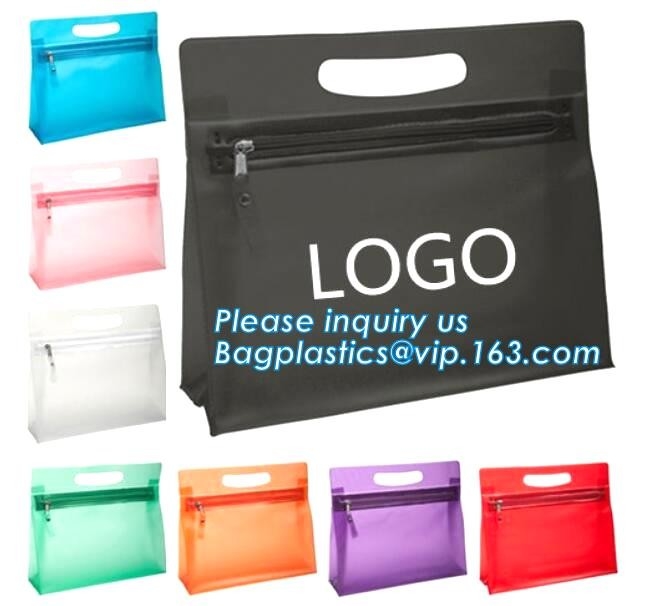 el uso del viaje heló el bolso cosmético de la cremallera del pvc con el logotipo, resbalador de la cremallera pipping los bolsos cosméticos de la promoción de la muestra de la mano, PVC claro