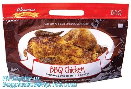 El pollo asado a la parrilla bolso caliente de alta temperatura del pollo asado se levanta el bolso con la manija, la bolsa de plástico de la categoría alimenticia con la cremallera