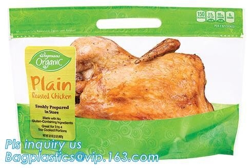 las bolsas de plástico del pollo para el pollo asado caliente que empaqueta, con la manija y la cremallera, antiniebla, plástico asado pollo de Turquía