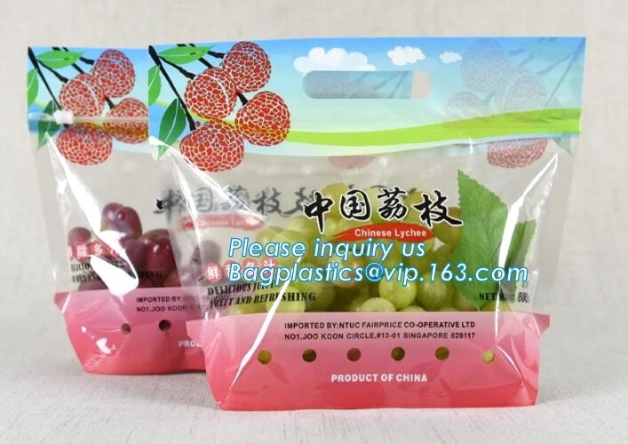 Los bolsos reutilizables plásticos populares promocionales de la comida de la cremallera del resbalador, resbalador k perforaron el bolso de empaquetado de la uva fresca, fruta