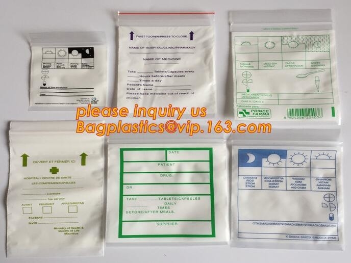 bolso médico esterilizado plástico de empaquetado médico de k, bolsos médicos del sobre de la cremallera del bloque de la droga programable de la cerradura, empaquetando