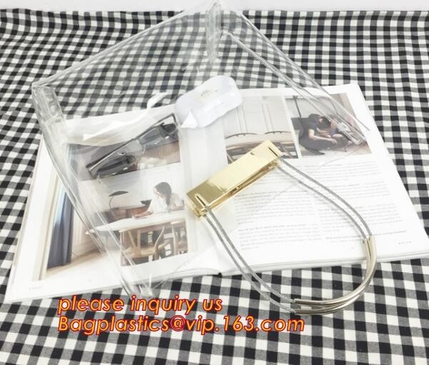 bolso de empaquetado claro suave modificado para requisitos particulares del pvc de la impresión con la manija para el vino, las bolsas de asas del regalo de la cremallera del pvc del vinilo con las manijas