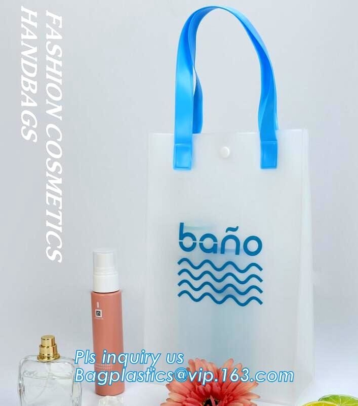 La bolsa de plástico transparente reciclada impermeable del pvc de la parte inferior cuadrada de la manija que hace compras, regalos de la promoción que embalan la manija plástica picovoltio