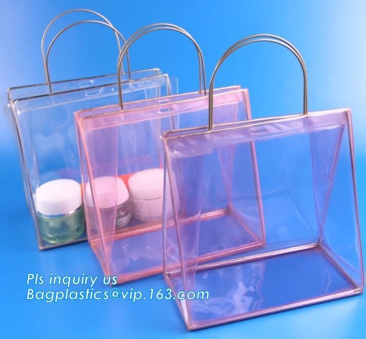 bolso de empaquetado de la manija de las compras del pvc con el botón, la bolsa de asas clara promocional del pvc del bolso de compras de la manija del pvc del totalizador, mano cortada con tintas