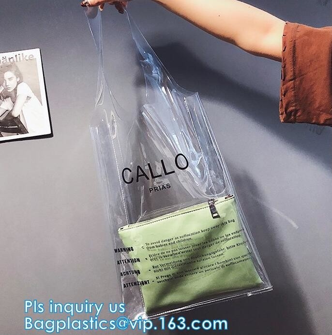Bolso de compras de encargo del PVC de Logo Fashion Waterproof Vinyl, PVC impermeable transparente de encargo del bolso que hace compras del PVC ambiental