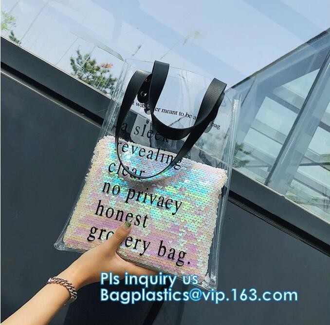 Pvc transparente de encargo Tote Shopping Bag, el bolso de las mujeres que hacen compras reflexivas del pvc, bolso de compras de los harrods del PVC del hockey shinny, pac del regalo
