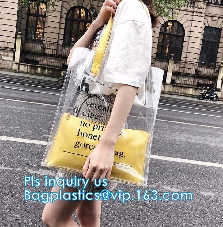 Bolsos suaves reutilizables de la manija del lazo del PVC, bolso combinado amarillo del pvc de la manija del lecho claro largo del pvc, plástico transparente de la manija del PVC