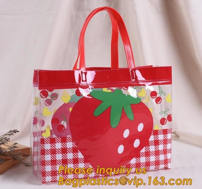 Bolsos del regalo y de compras del precio de fábrica con el bolso modificado para requisitos particulares manijas del pvc, venta al por mayor transparente de encargo del bolso de la manija del caramelo claramente