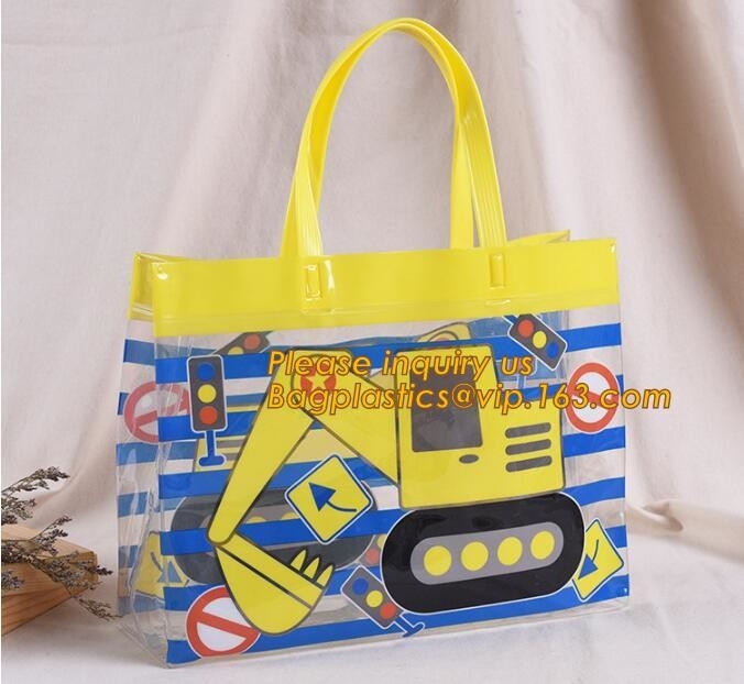 Bolsos transparentes plásticos de la manija del bolso que hace compras del PVC, plast transparente reciclado impermeable del pvc de la parte inferior cuadrada de la manija que hace compras