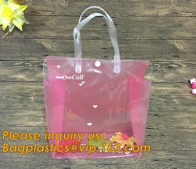 Bolso de empaquetado de la manija del almacenamiento del juguete del claro ambiental por encargo del PVC de la fábrica, bolso de empaquetado del totalizador plástico con las manijas para