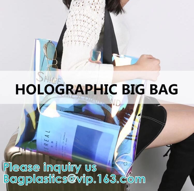 Bolso olográfico de encargo de neón de la playa de la manija del PVC del bolso del PVC Tote Bag del holograma del arco iris, bolsa cosmética del viaje del maquillaje, cremallera