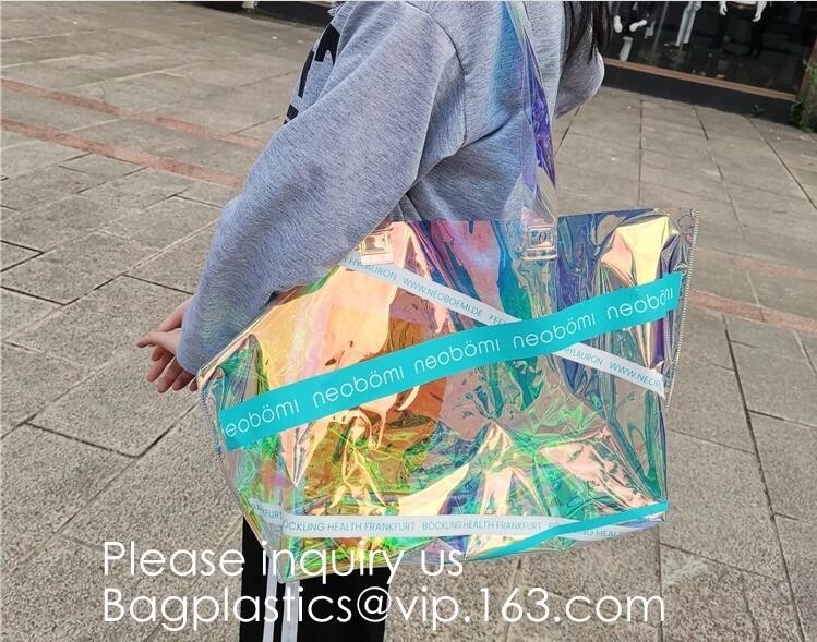 Cree Pvc superficial Tote Shopping Bag, bolso reutilizable Logo Women Tra de encargo del espejo para requisitos particulares del vinilo de la playa del verano del bolso de ultramarinos del PVC