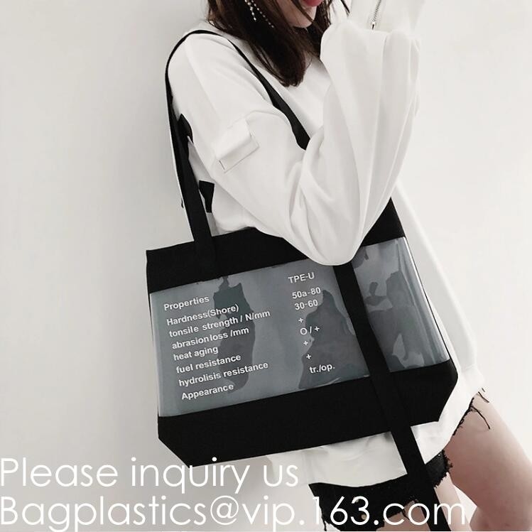 Bolso combinado transparente del PVC/bolso que hace compras plástico/bolso de empaquetado con la manija tejida negra del ajuste y de las correas, bagease, packag
