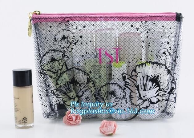 bolso del vinilo del PVC del traje de baño con la cremallera del resbalador, buena calidad de la bolsa cosmética con el bolso que embala de la cremallera, transp del pvc del botón del resbalador