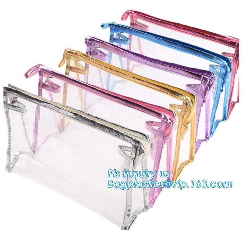 Bolso claro con los bolsos de empaquetado cosméticos del resbalador del cierre del botón, bolso de empaquetado cosmético del maquillaje del PVC del resbalador con el logotipo de encargo,