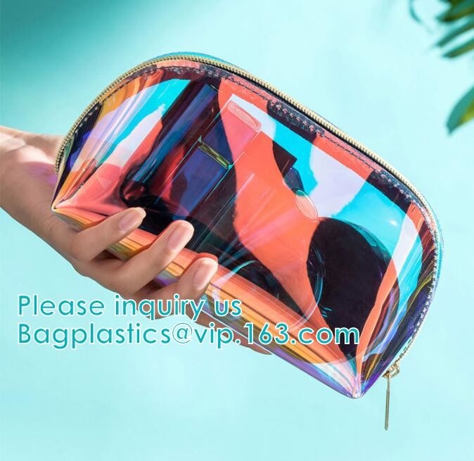 Bolso cosmético del viaje olográfico de la belleza de Eco, bolso cosmético de las mujeres transparentes claras olográficas del laser del PVC del bolso del maquillaje práctico