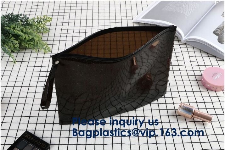 Bolso transparente con el escudete lateral azul, bolso de empaquetado Bagease Bagplast de la cremallera del resbalador del Pvc del escudete del resbalador cosmético inferior del Pvc