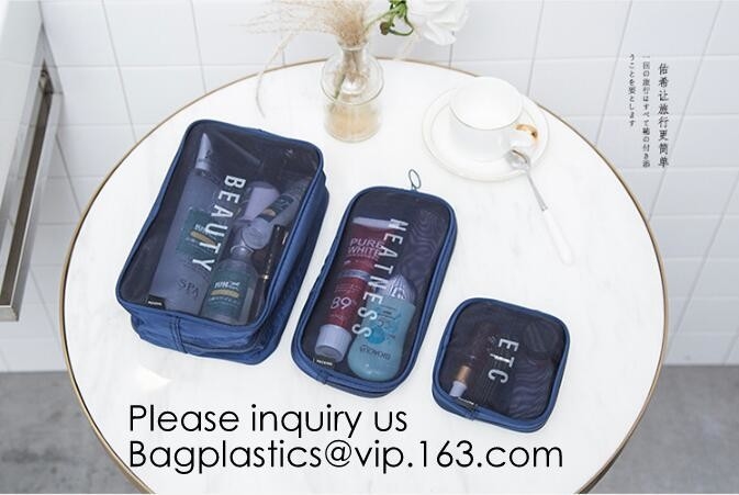 Los bolsos de Mesh Cosmetic Pouch Set Toiletry de los hombres y de las mujeres ven a través de organizador del maquillaje del viaje, enredan el cosmet de nylon de la bolsa cosmética