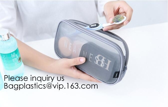 Pvc de lujo portátil Mesh Women Clear Cosmetic Bag, pri funcional del claro de la moda de la cremallera de encargo promocional de la malla del poliéster